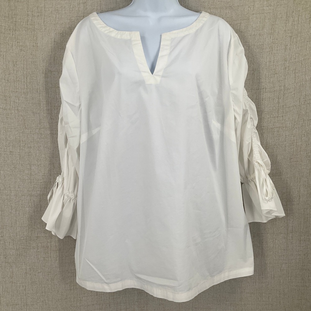 Sejour Blouse Womens 1X White Cotton Ruched Tie Sleeve Split Neck Minimalist Top